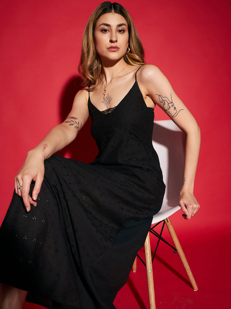 Women's Black Schiffli Strappy Maxi Dress