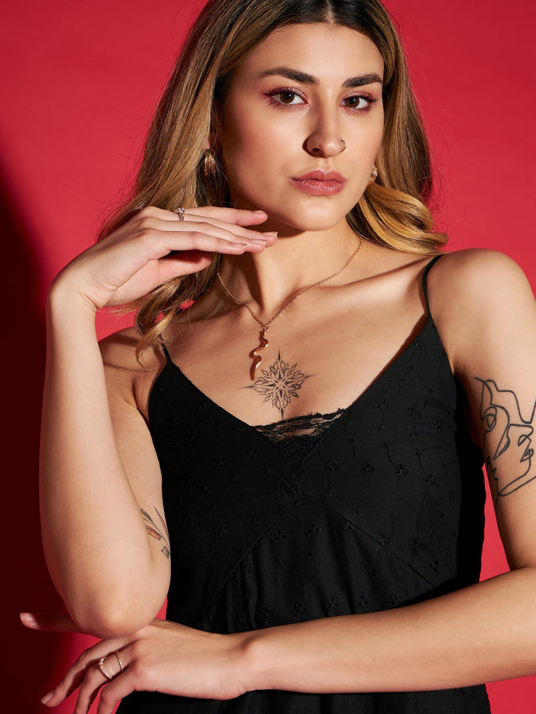 Women's Black Schiffli Strappy Maxi Dress