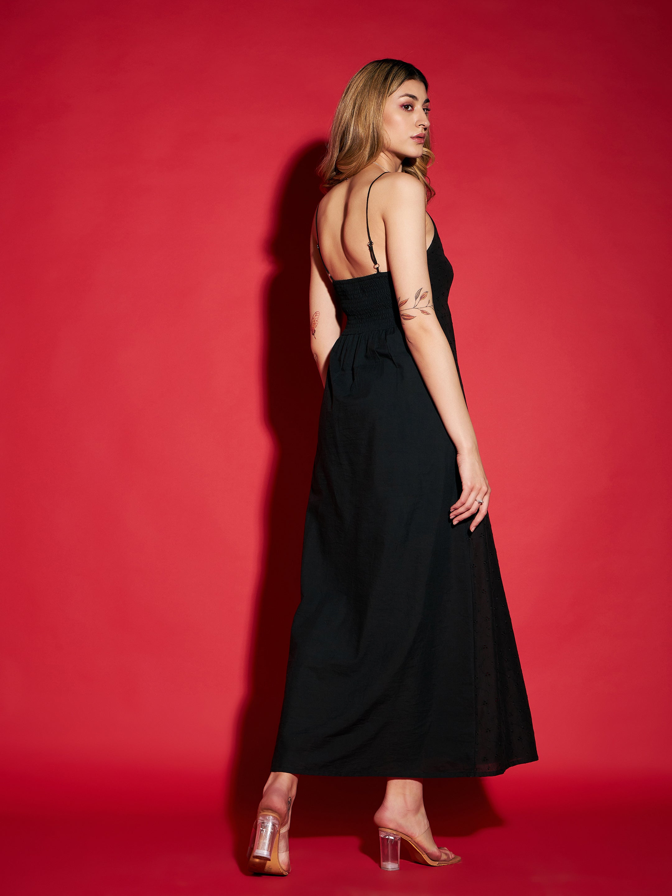 Women's Black Schiffli Strappy Maxi Dress - SASSAFRAS