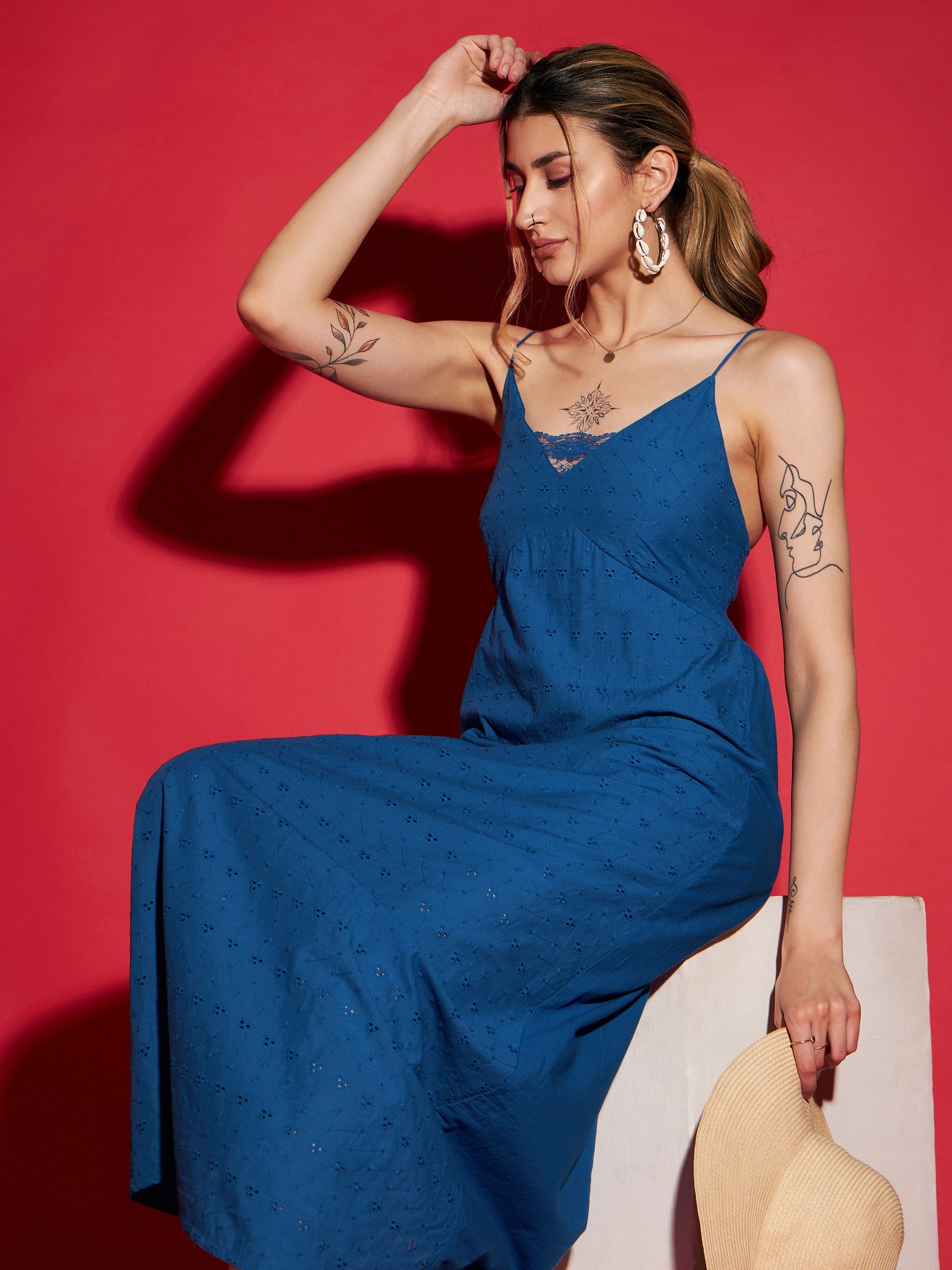Women's Royal Blue Schiffli Strappy Maxi Dress - SASSAFRAS