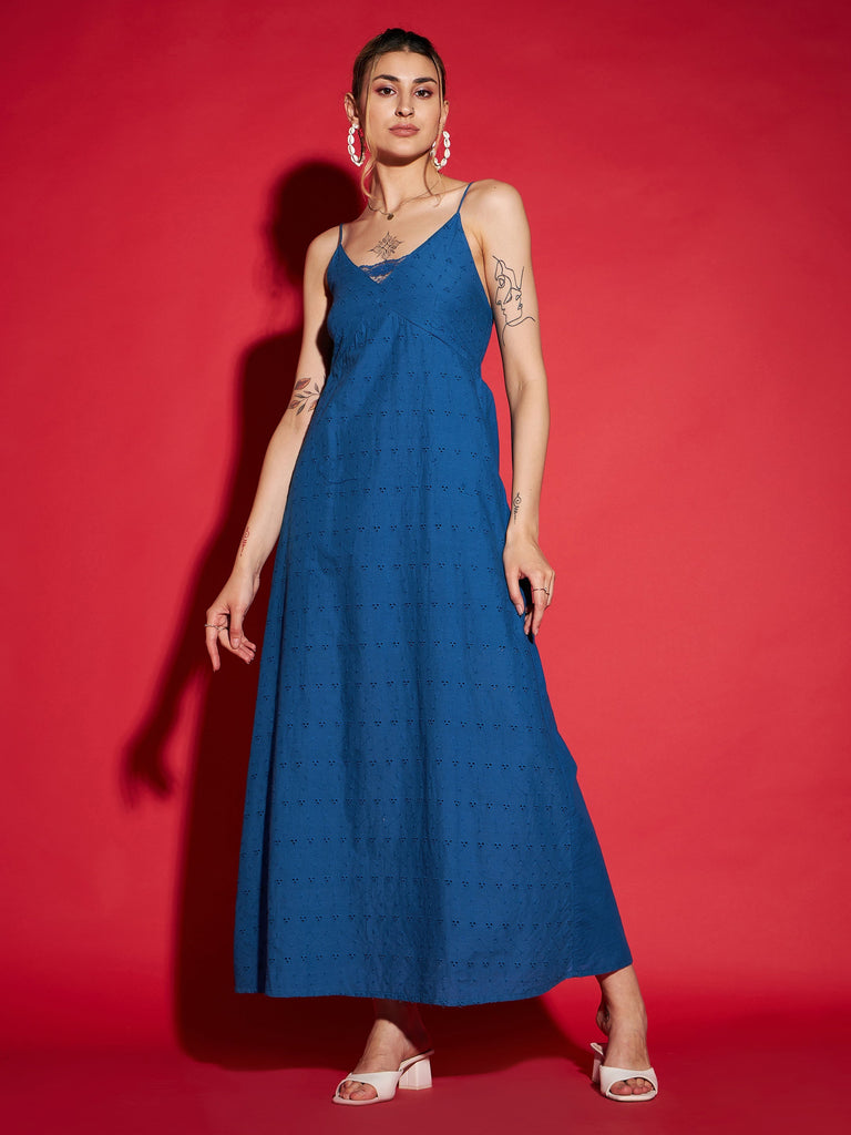 Women's Royal Blue Schiffli Strappy Maxi Dress