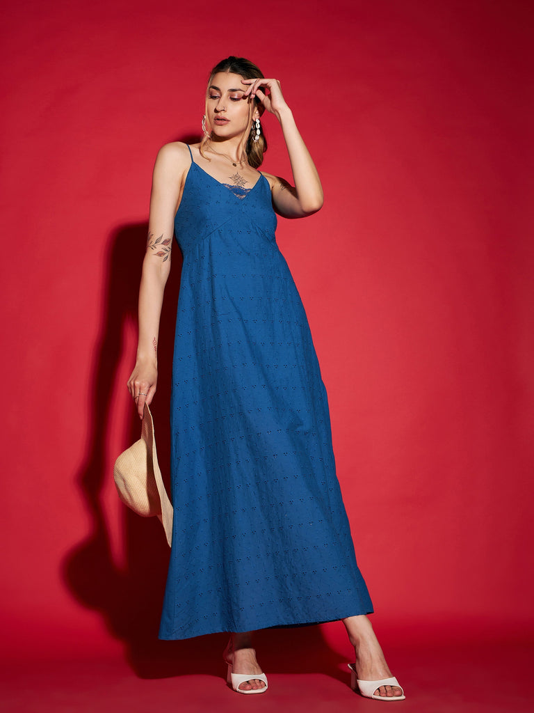 Women's Royal Blue Schiffli Strappy Maxi Dress