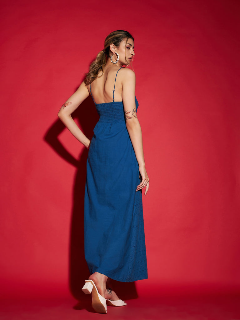 Women's Royal Blue Schiffli Strappy Maxi Dress