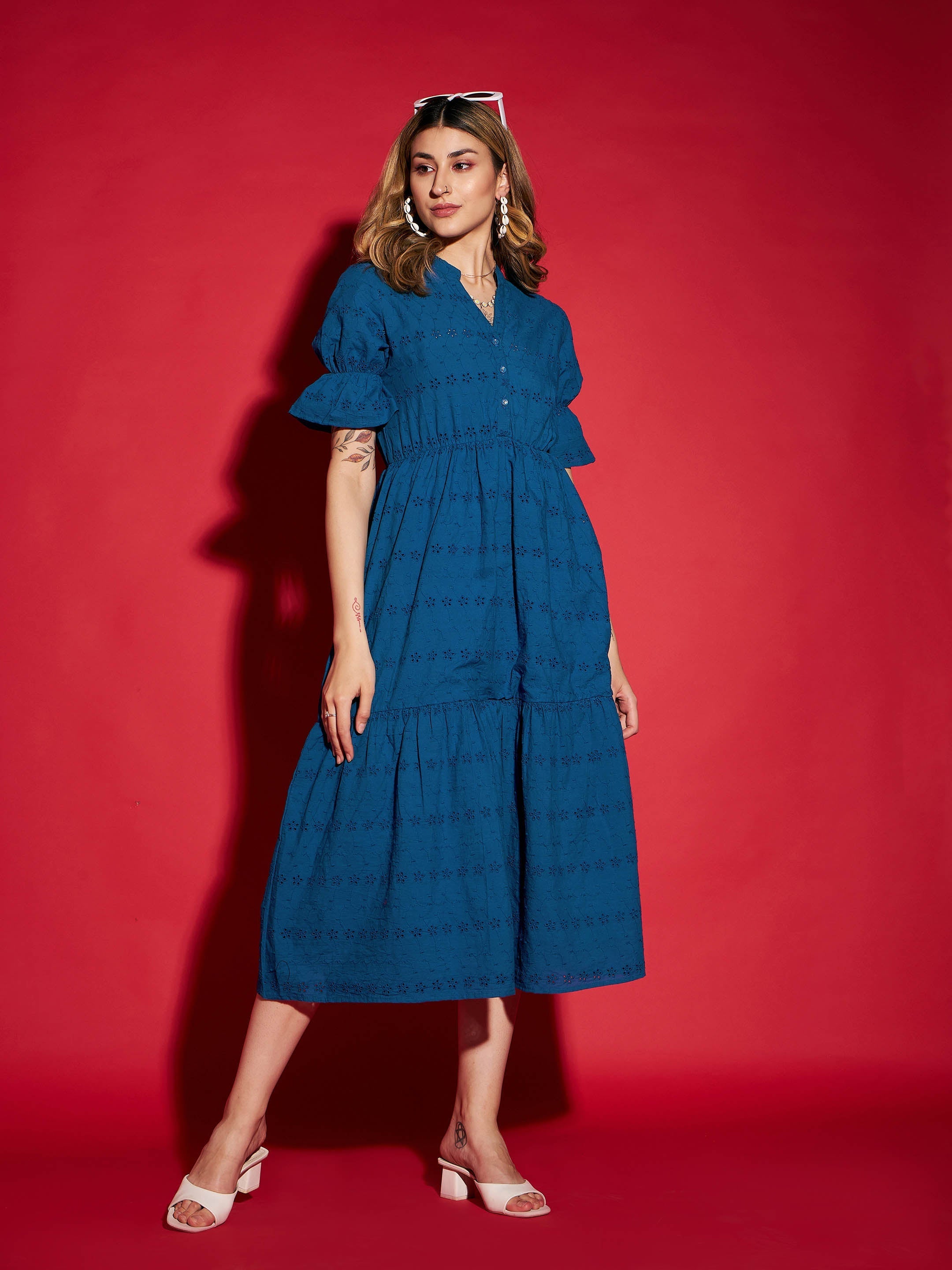 Women's Royal Blue Schiffli Tiered Midi Dress - SASSAFRAS