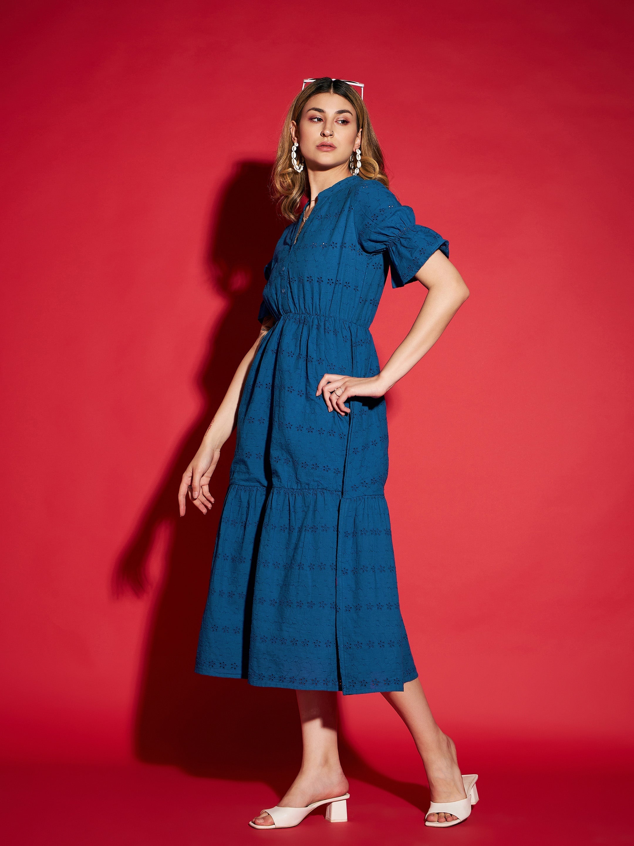 Women's Royal Blue Schiffli Tiered Midi Dress - SASSAFRAS