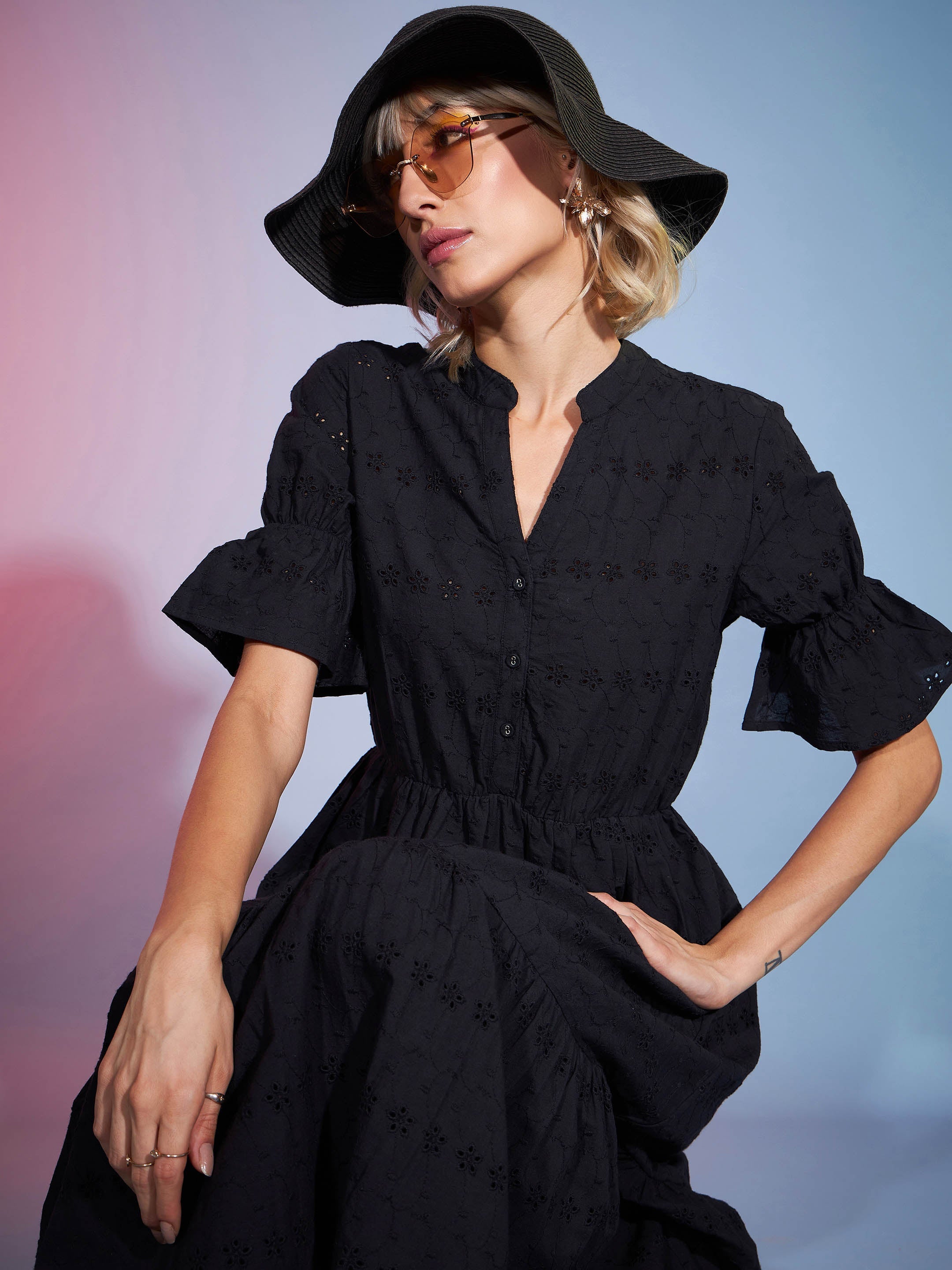 Women's Black Schiffli Tiered Midi Dress - SASSAFRAS
