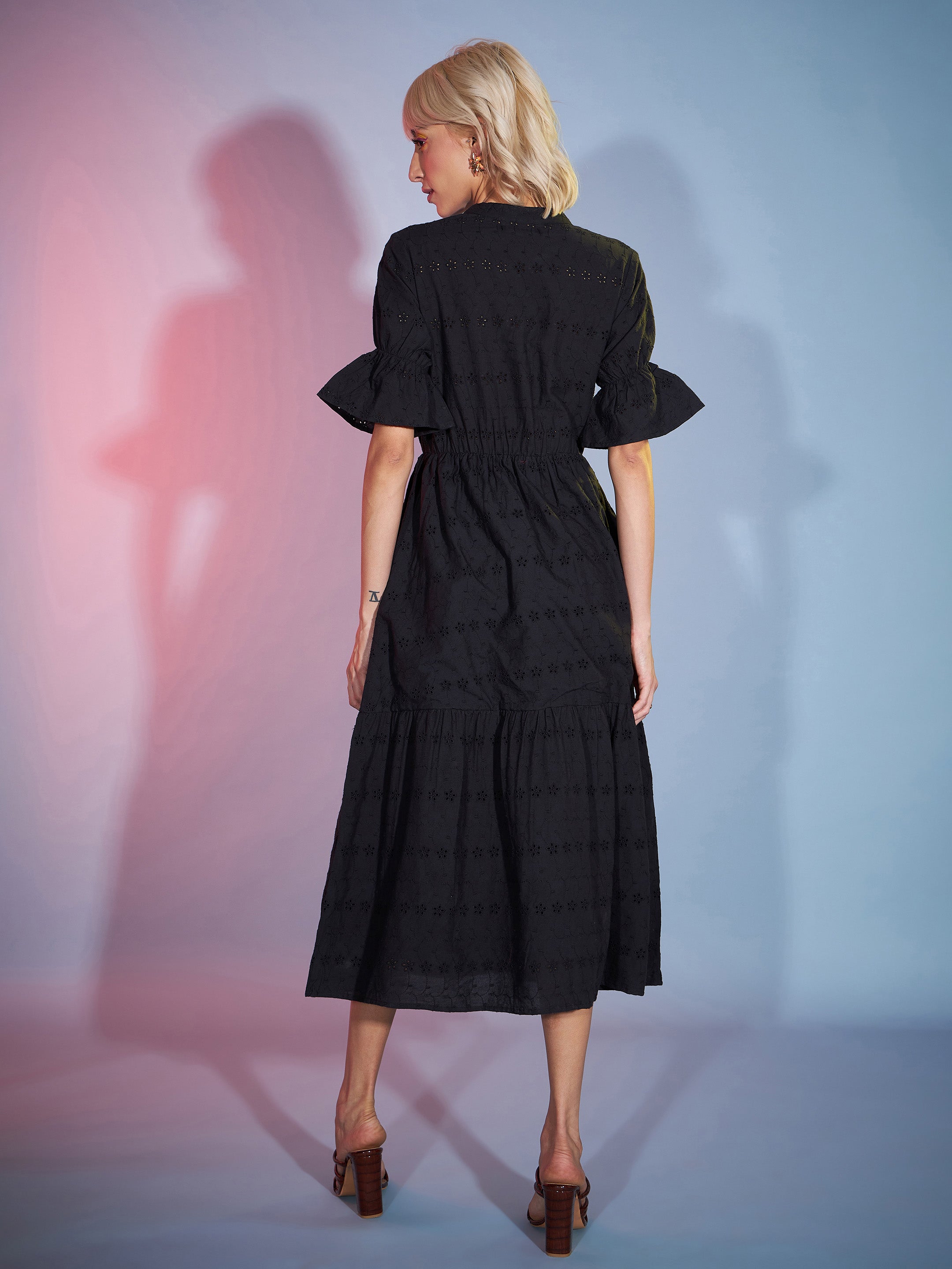 Women's Black Schiffli Tiered Midi Dress - SASSAFRAS