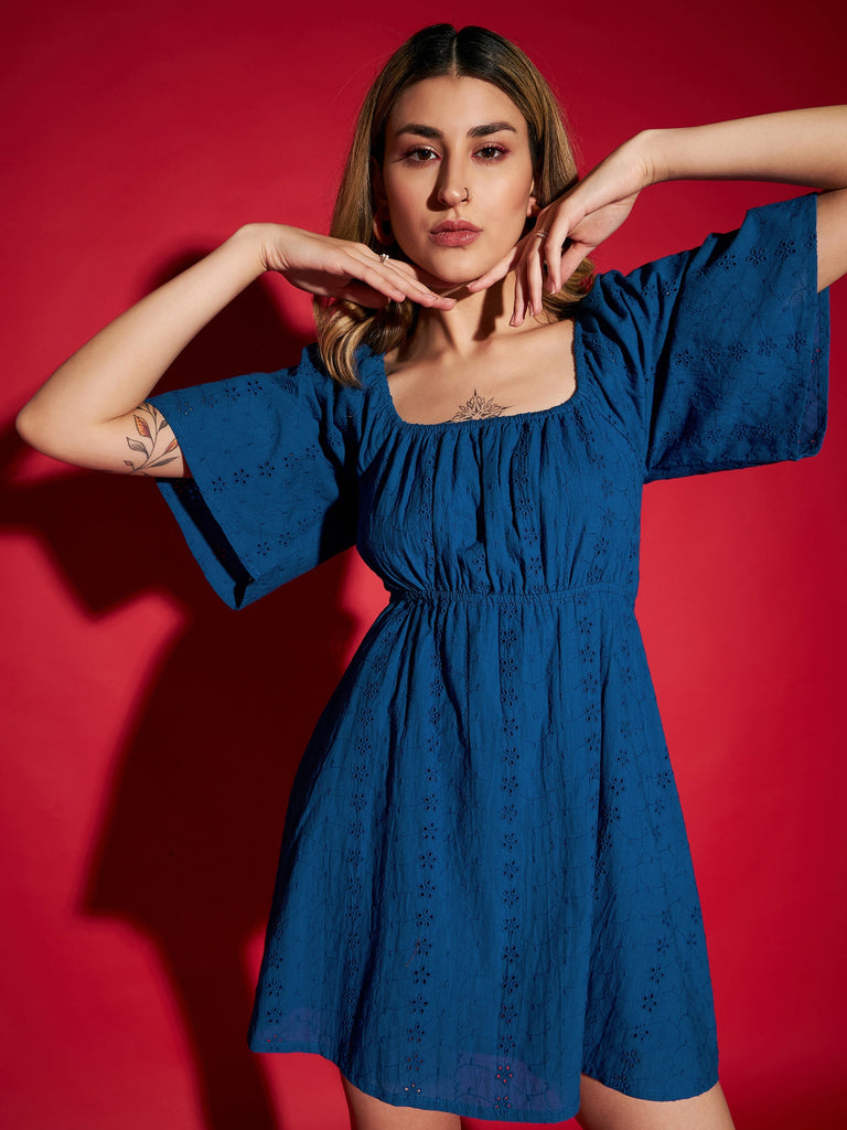 Women's Royal Blue Schiffli Back Tie Short Skater Dress
