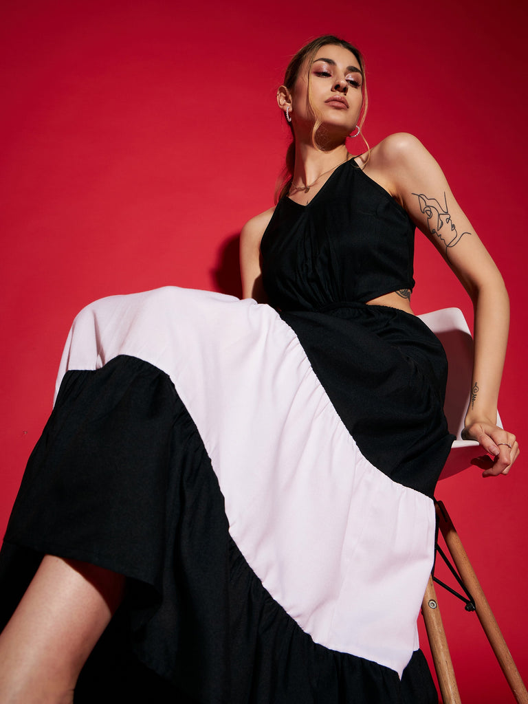 Women's Black & White Colour Block Tiered Maxi Dress