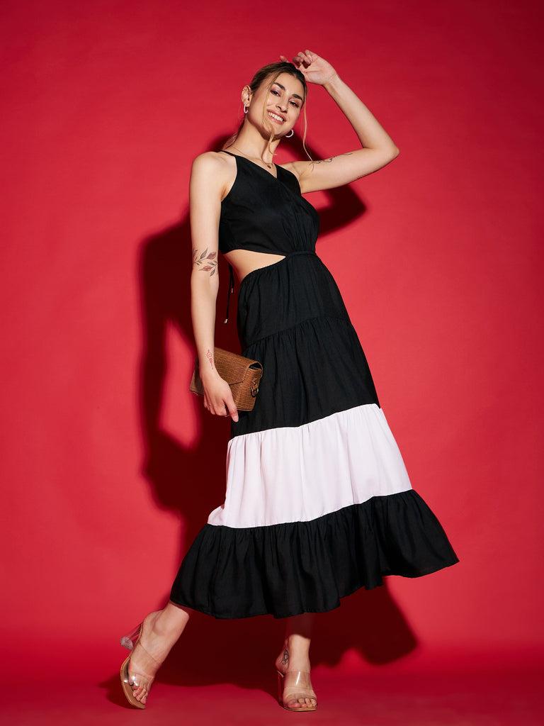 Women's Black & White Colour Block Tiered Maxi Dress