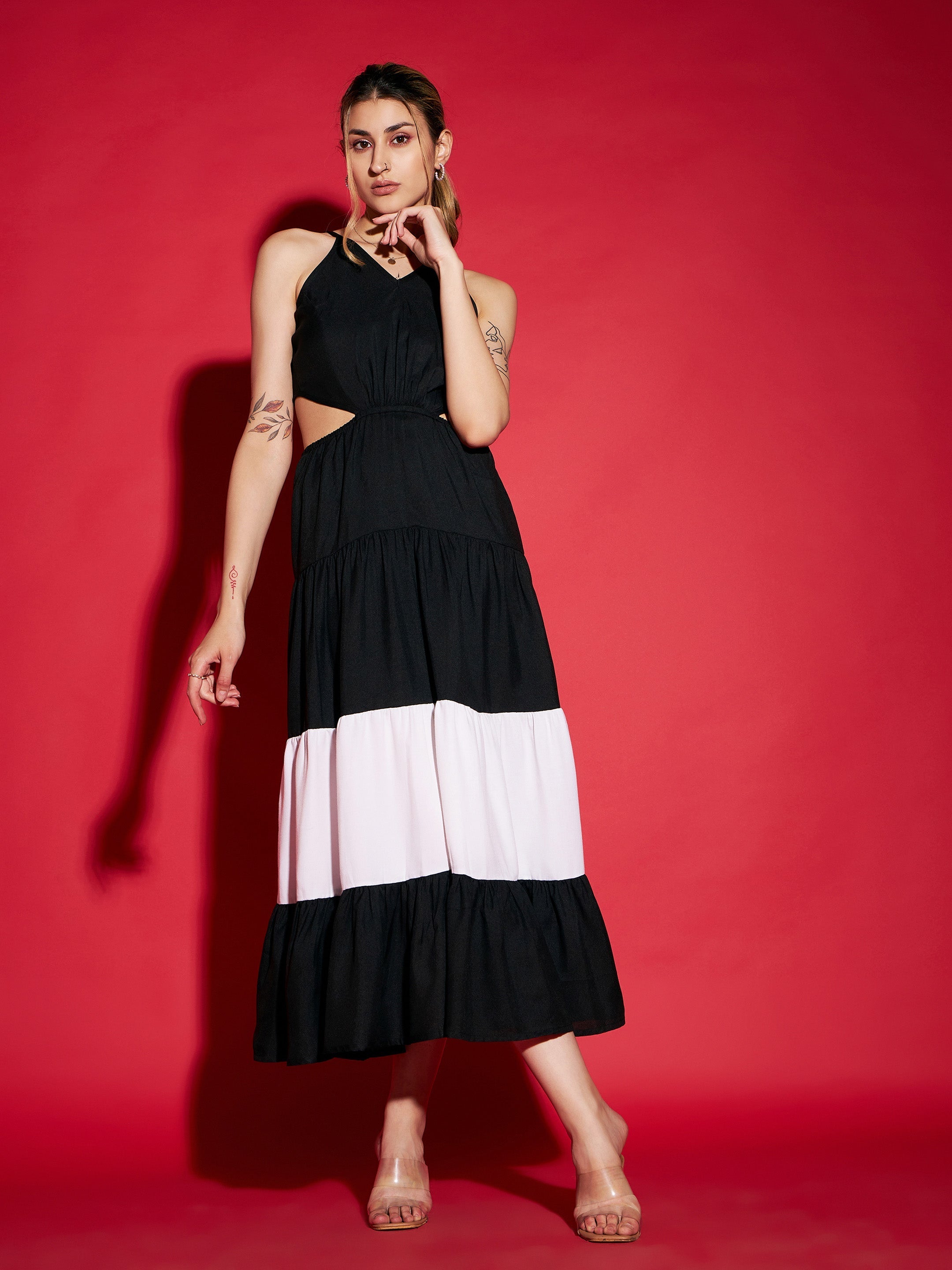 Women's Black & White Colour Block Tiered Maxi Dress - SASSAFRAS