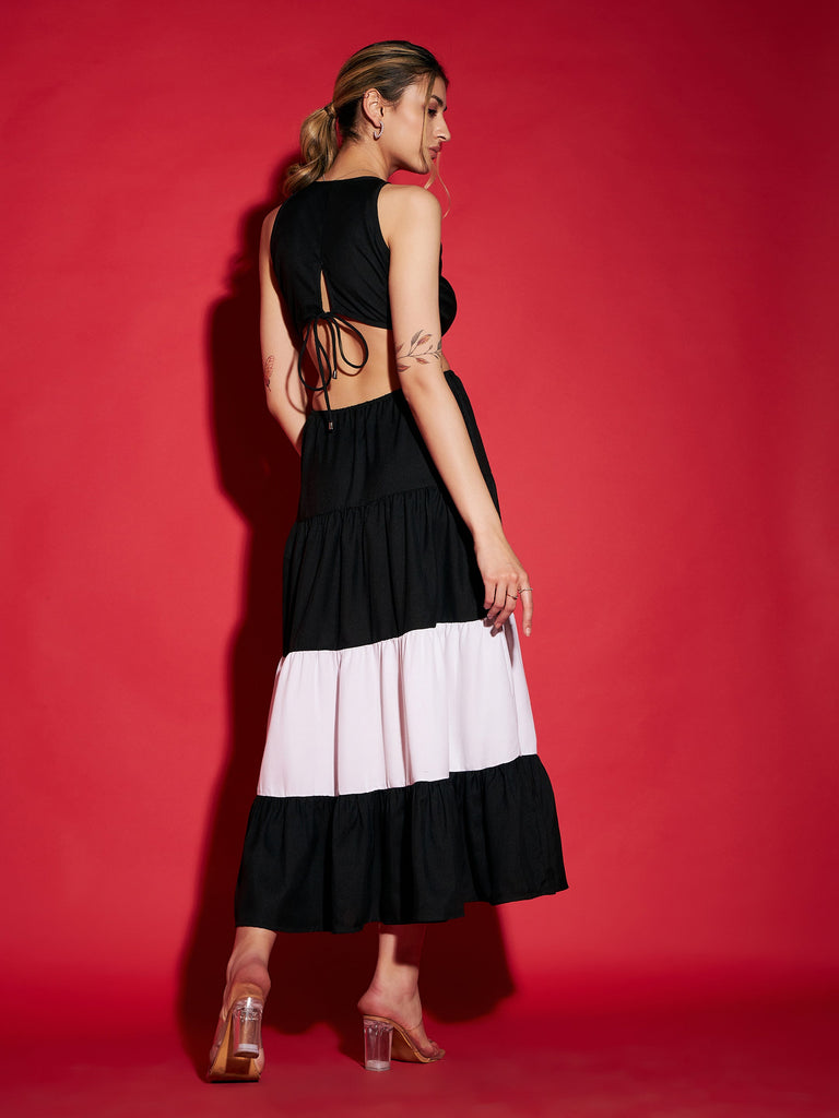 Women's Black & White Colour Block Tiered Maxi Dress