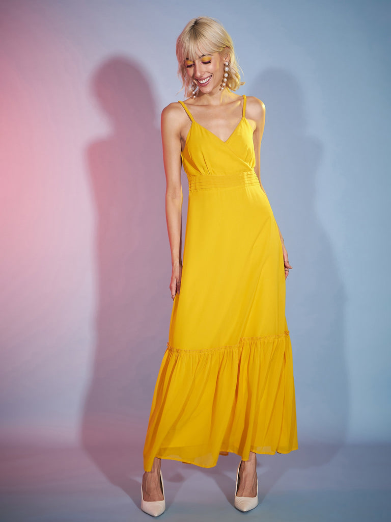 Women's Mustard Strappy Wrap Neck Maxi Dress