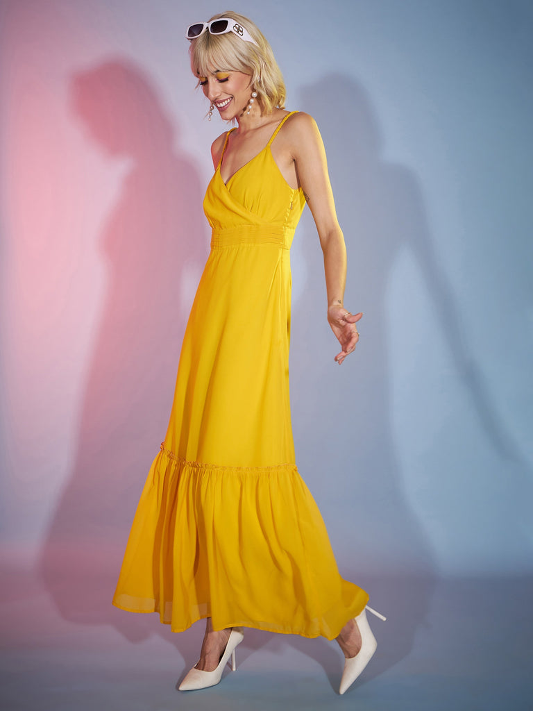 Women's Mustard Strappy Wrap Neck Maxi Dress