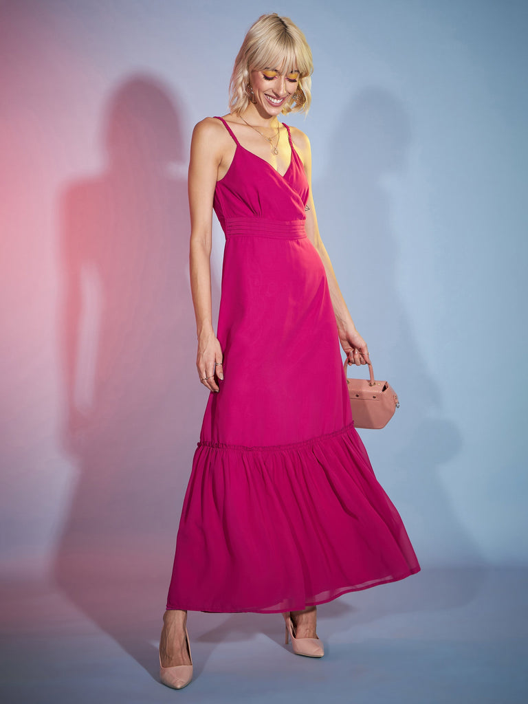 Women's Pink Strappy Wrap Neck Maxi Dress