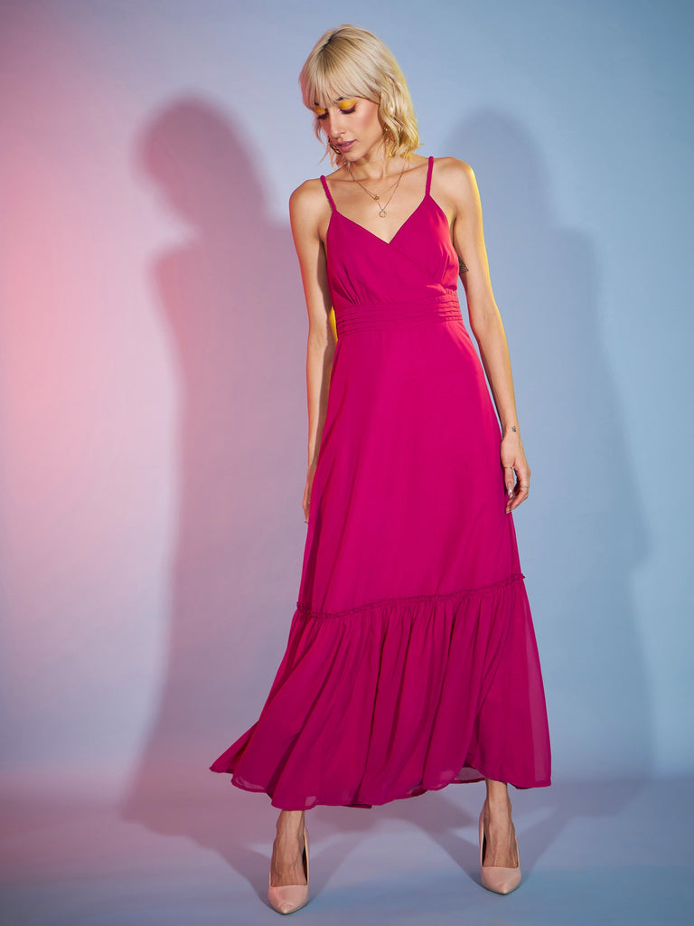 Women's Pink Strappy Wrap Neck Maxi Dress