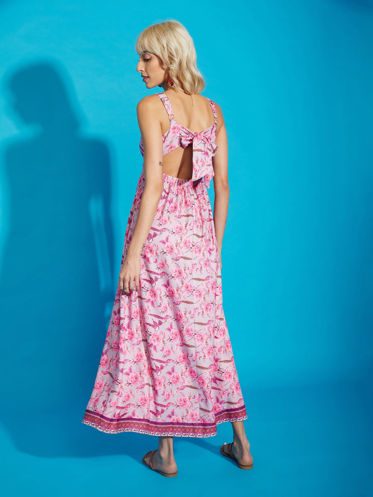 Women's Pink Floral Strappy Sweetheart Neck Maxi Dress