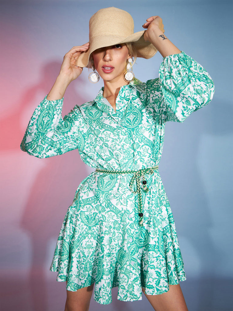 Women's Green Floral Flared Skater Dress