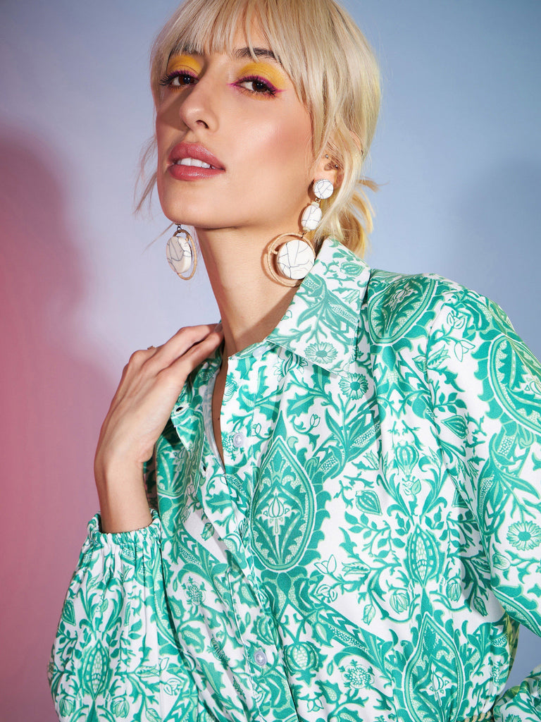 Women's Green Floral Flared Skater Dress