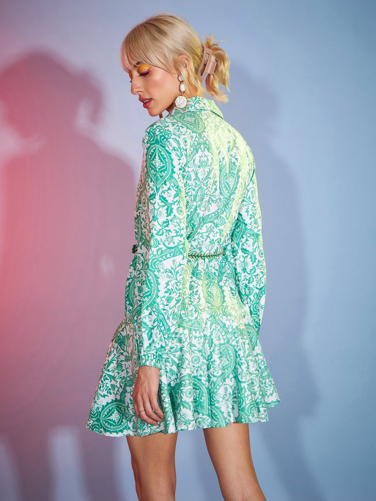 Women's Green Floral Flared Skater Dress