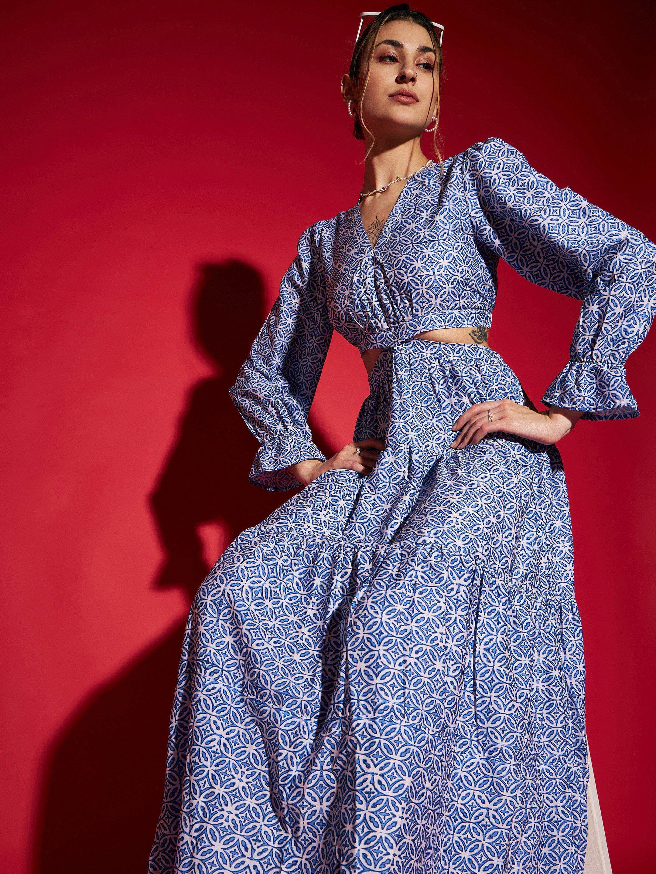 Women's Blue Mughal Print Waist Cut-Out Maxi Dress