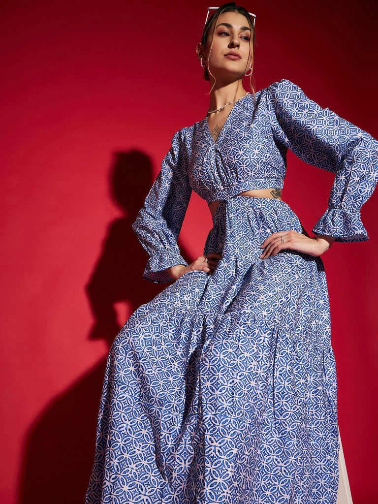 Women's Blue Mughal Print Waist Cut-Out Maxi Dress
