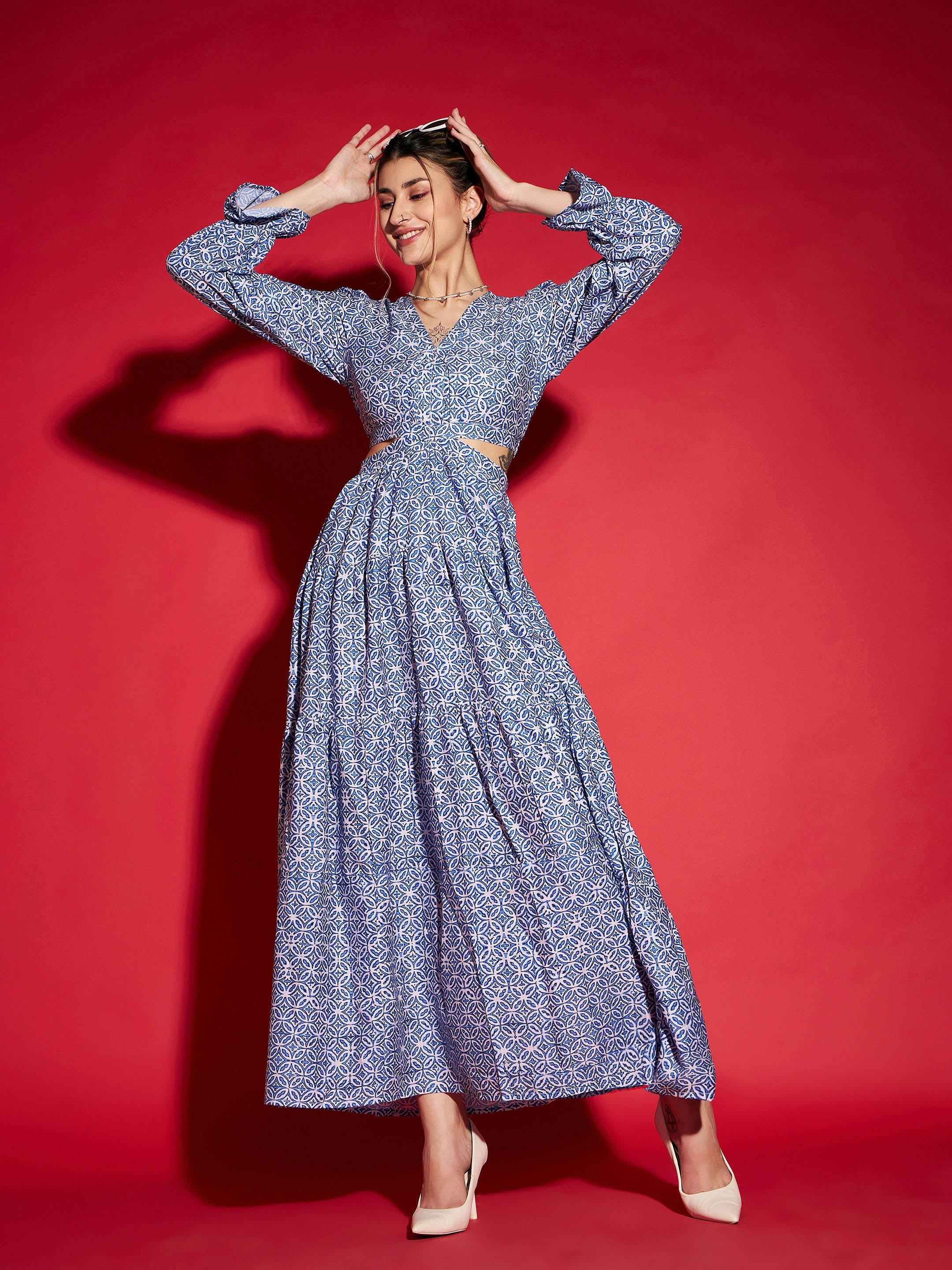 Women's Blue Mughal Print Waist Cut-Out Maxi Dress