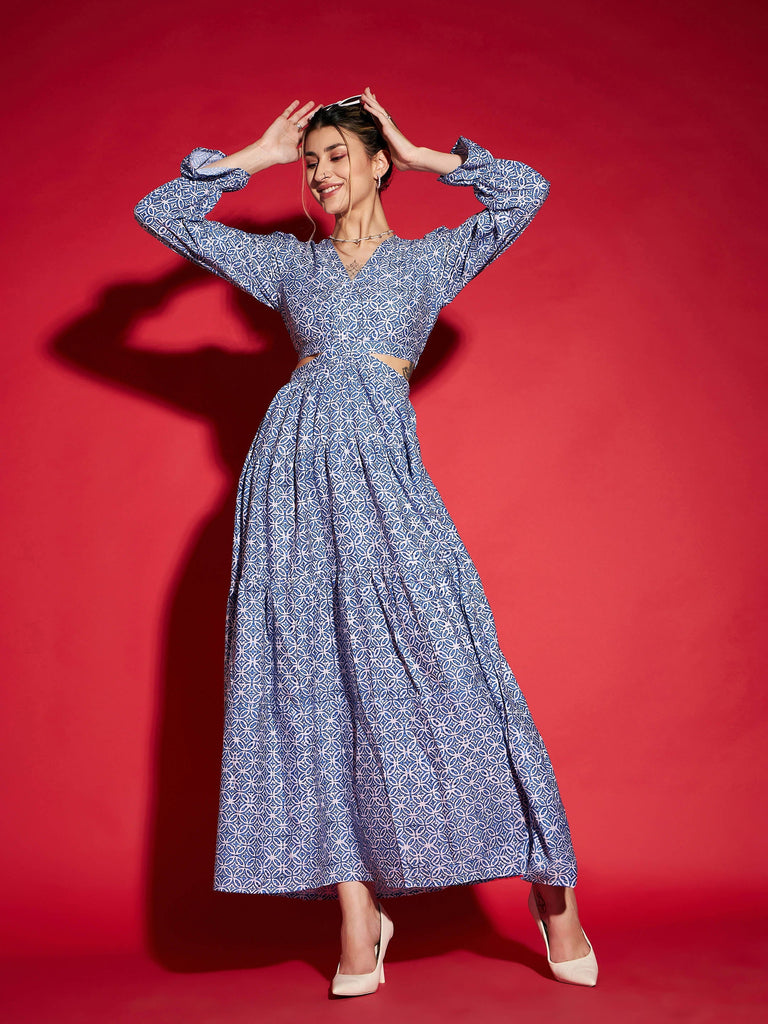 Women's Blue Mughal Print Waist Cut-Out Maxi Dress