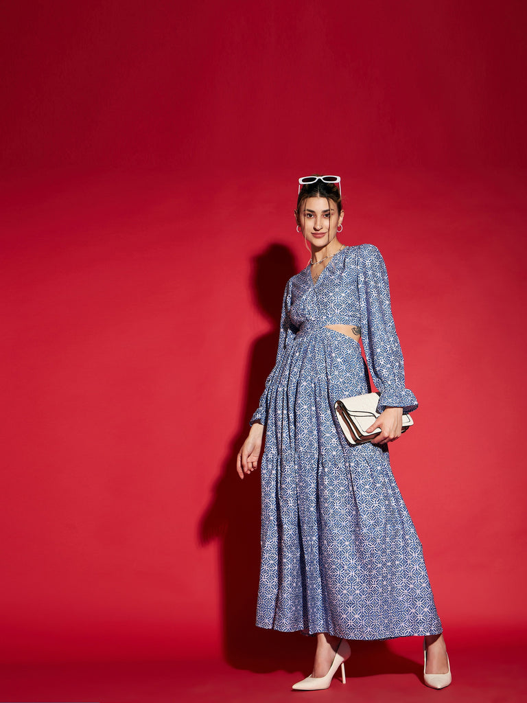 Women's Blue Mughal Print Waist Cut-Out Maxi Dress