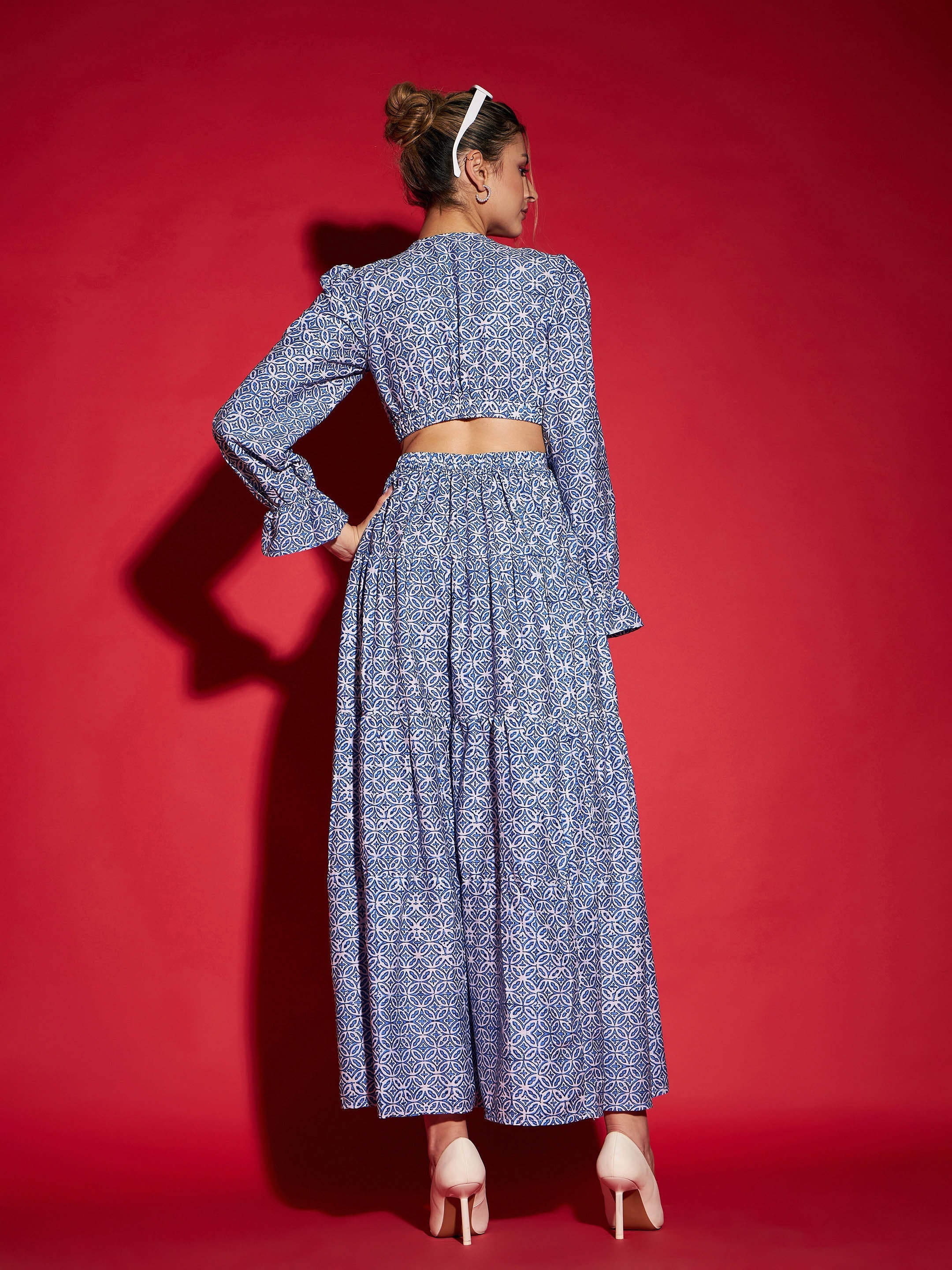 Women's Blue Mughal Print Waist Cut-Out Maxi Dress - SASSAFRAS