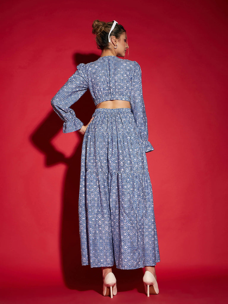 Women's Blue Mughal Print Waist Cut-Out Maxi Dress
