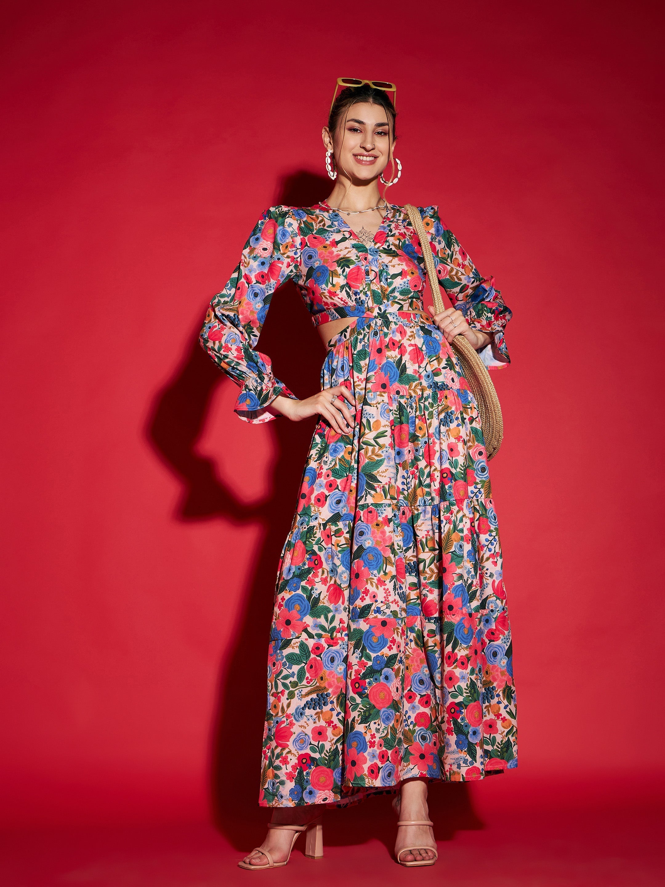 Women's Multi Floral Waist Cut-Out Maxi Dress