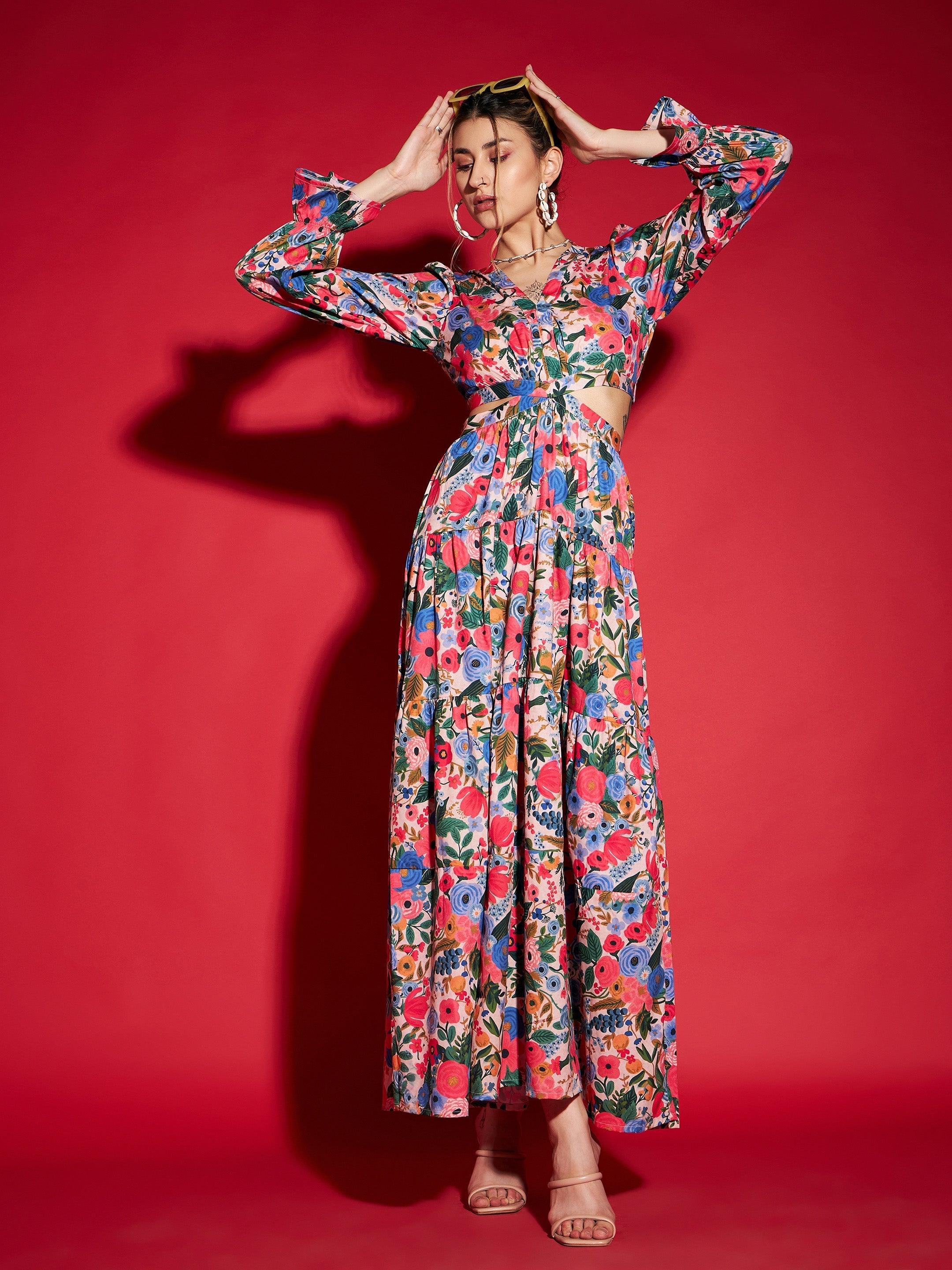 Women's Multi Floral Waist Cut-Out Maxi Dress - SASSAFRAS