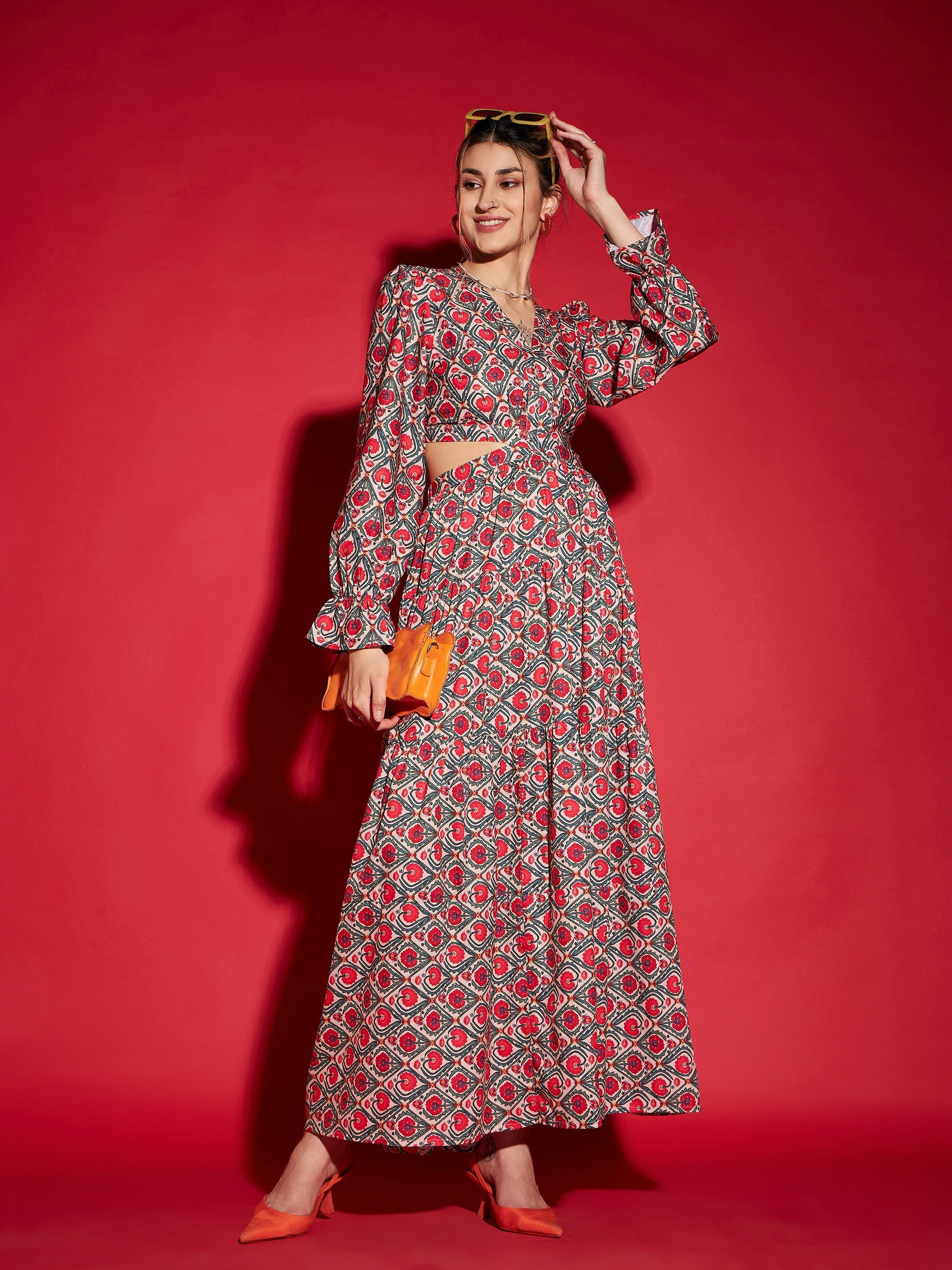 Women's Red Ethnic Motif Waist Cut-Out Maxi Dress