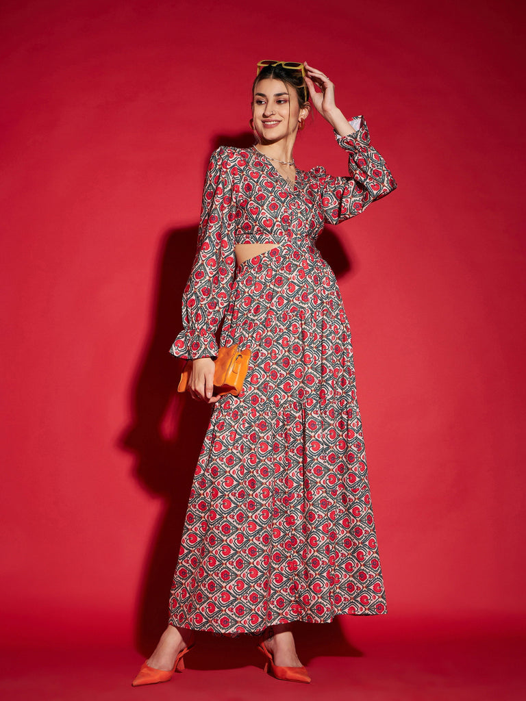 Women's Red Ethnic Motif Waist Cut-Out Maxi Dress