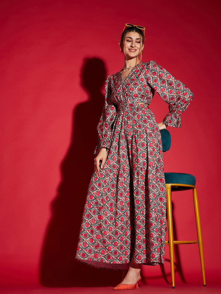 Women's Red Ethnic Motif Waist Cut-Out Maxi Dress