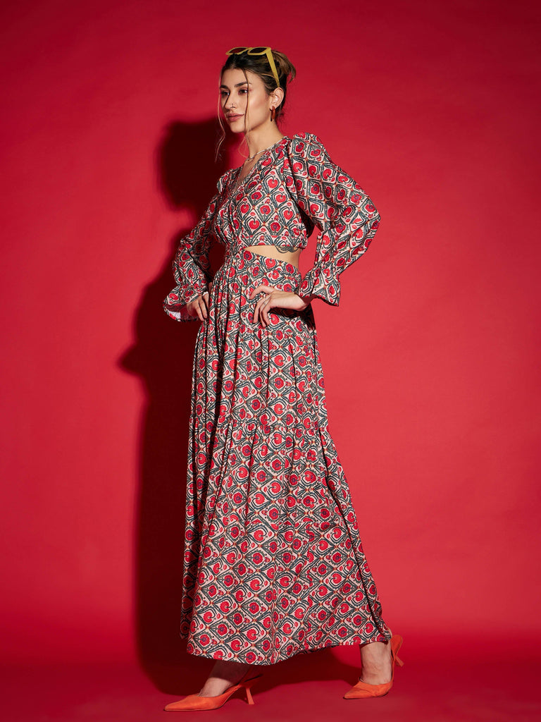 Women's Red Ethnic Motif Waist Cut-Out Maxi Dress