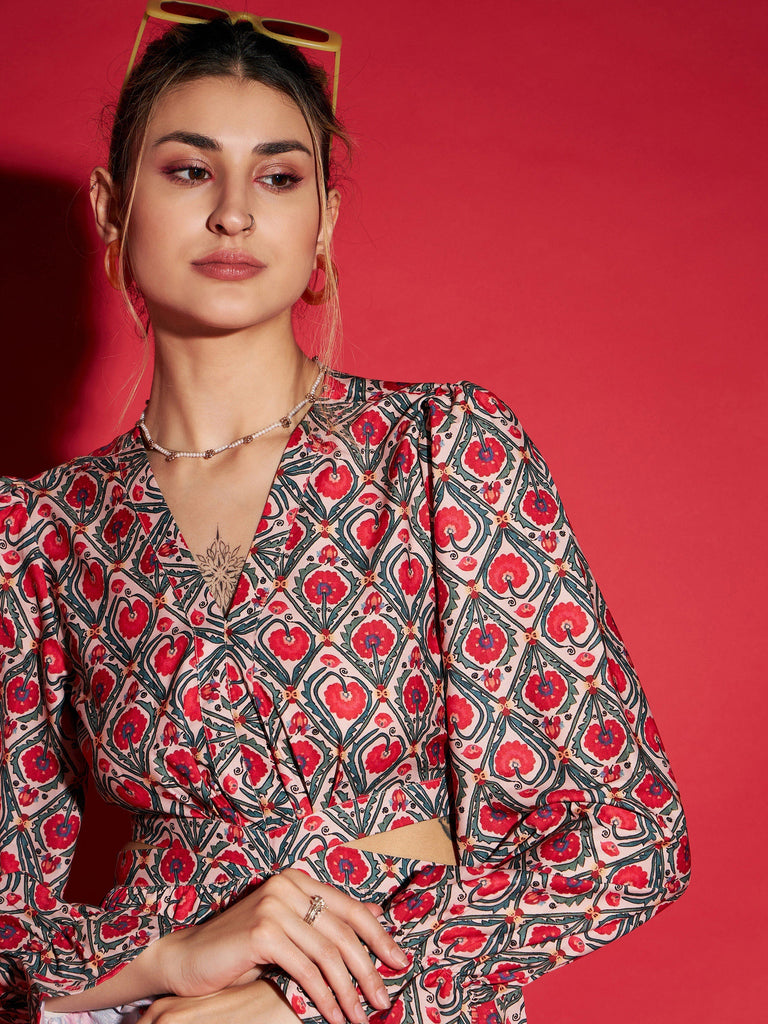 Women's Red Ethnic Motif Waist Cut-Out Maxi Dress