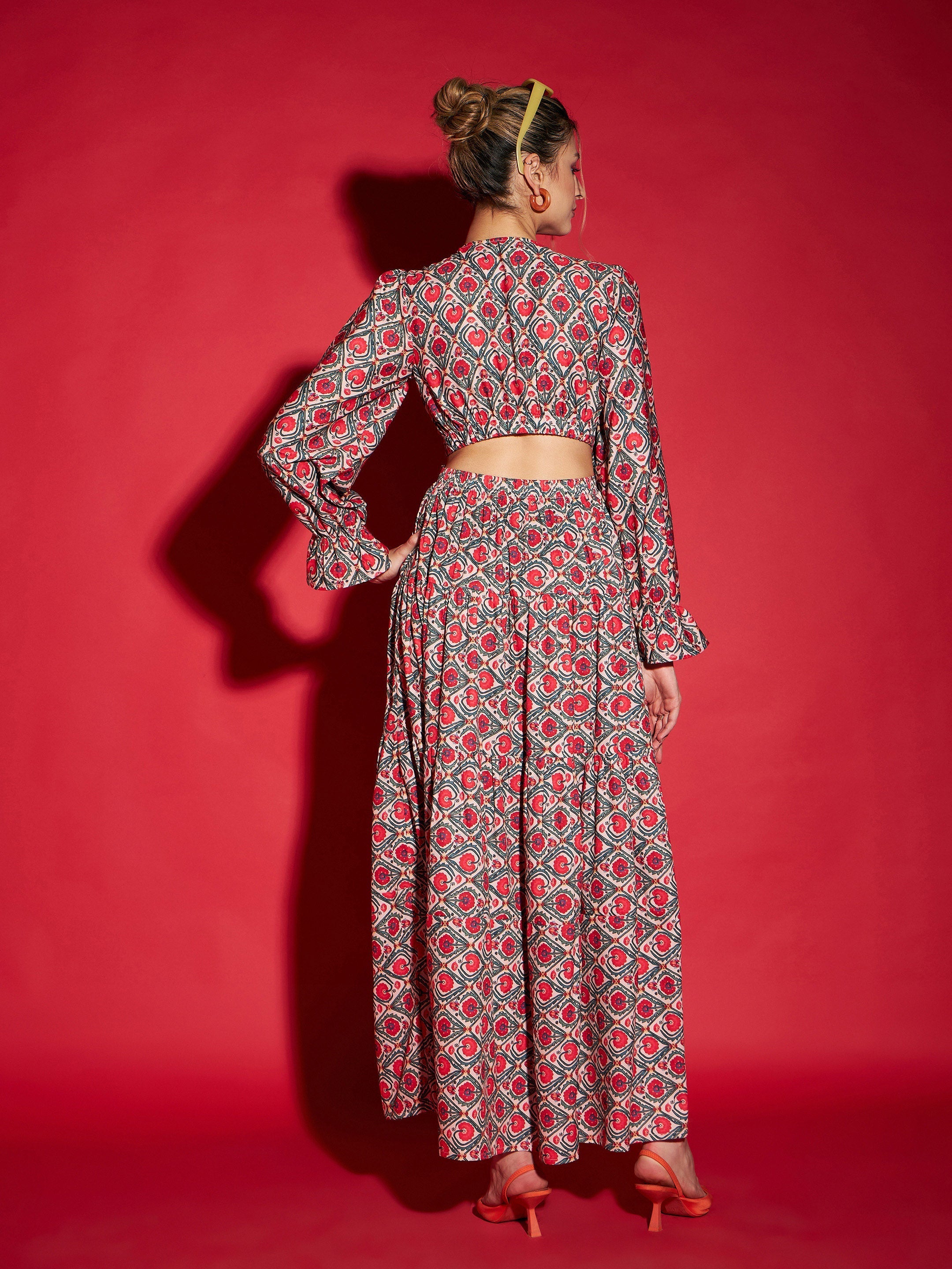 Women's Red Ethnic Motif Waist Cut-Out Maxi Dress - SASSAFRAS