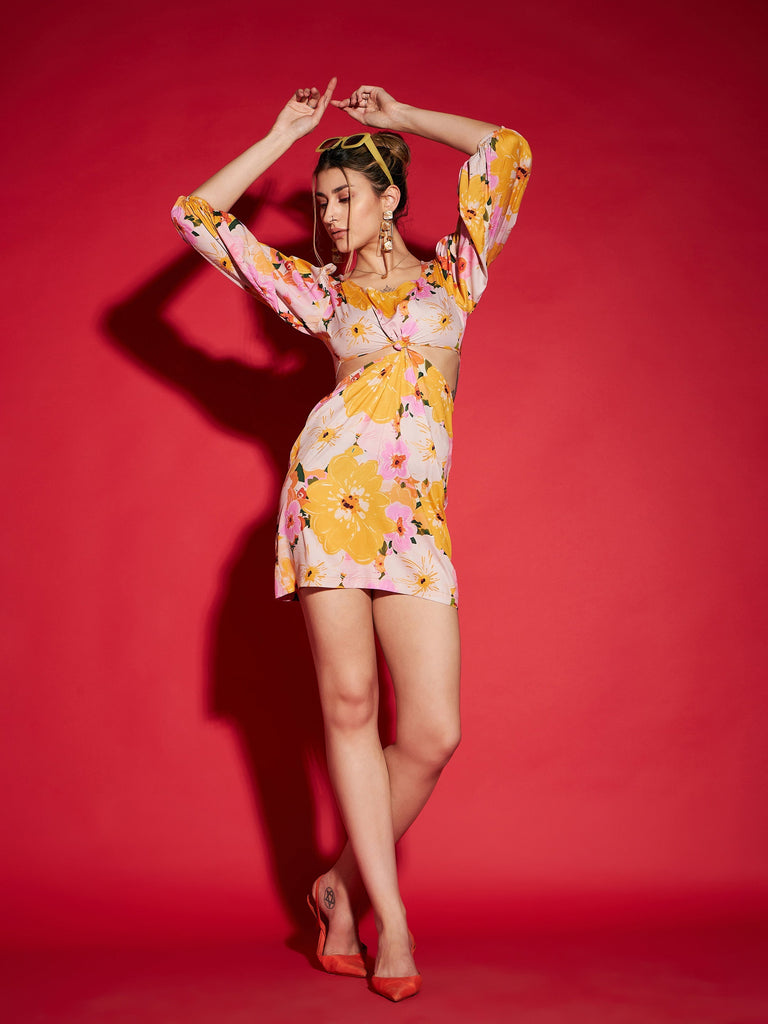 Women's Yellow Floral Side Cut Out Mini Dress