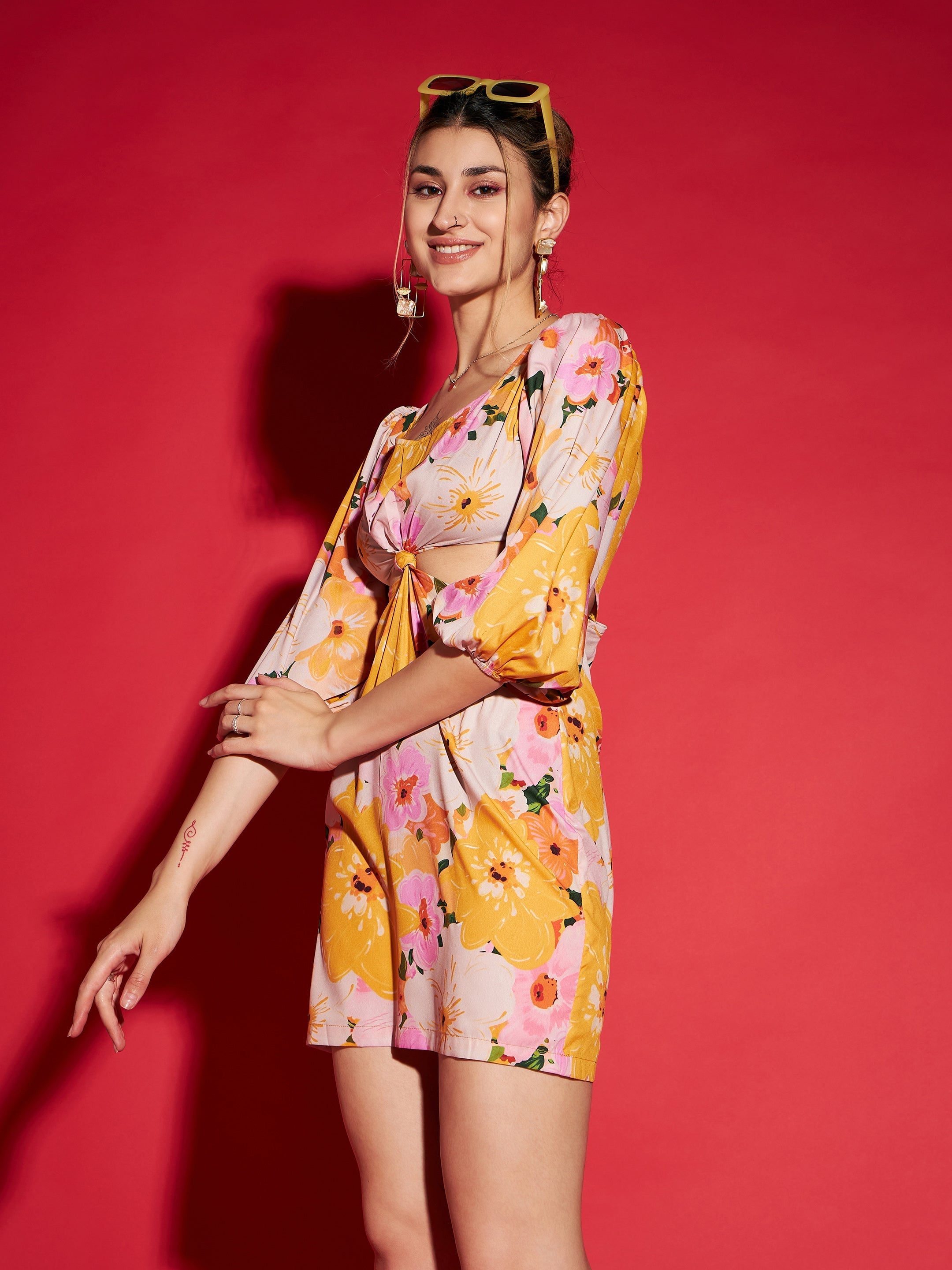 Women's Yellow Floral Side Cut Out Mini Dress - SASSAFRAS