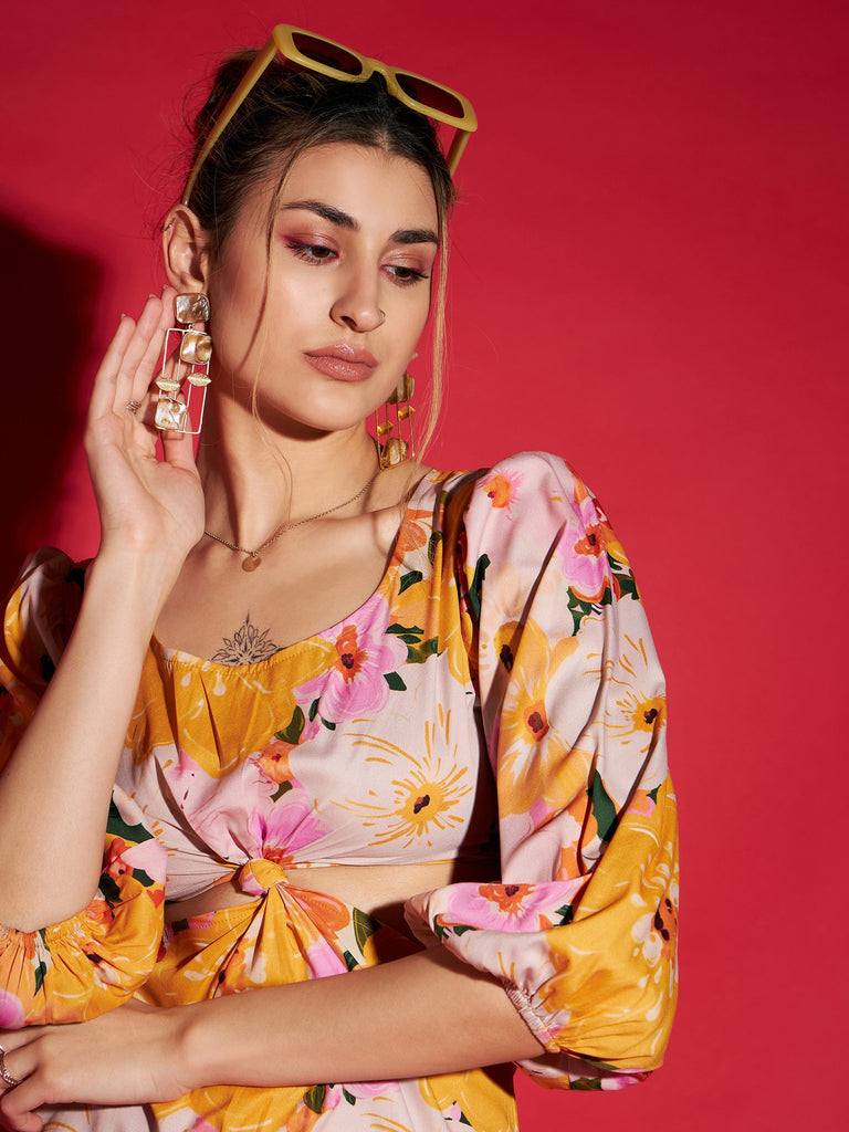 Women's Yellow Floral Side Cut Out Mini Dress