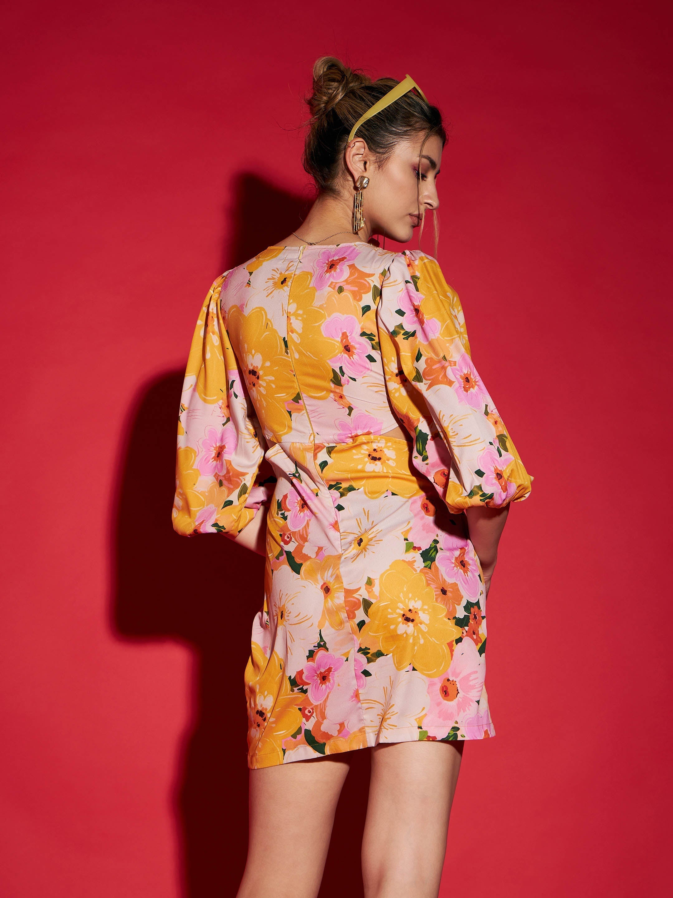 Women's Yellow Floral Side Cut Out Mini Dress - SASSAFRAS