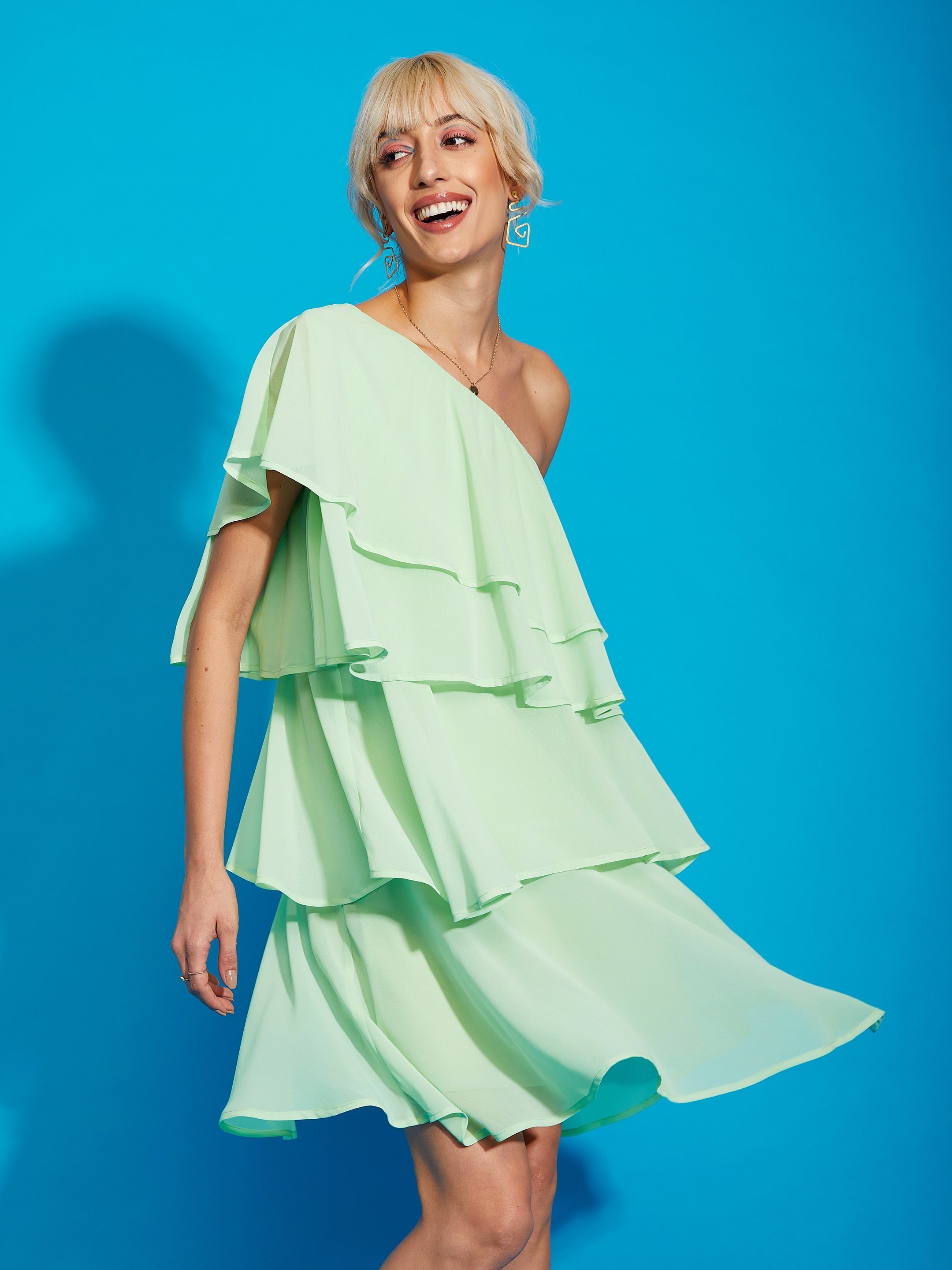 Women's Pista Green One Shoulder Layered Short Dress - SASSAFRAS