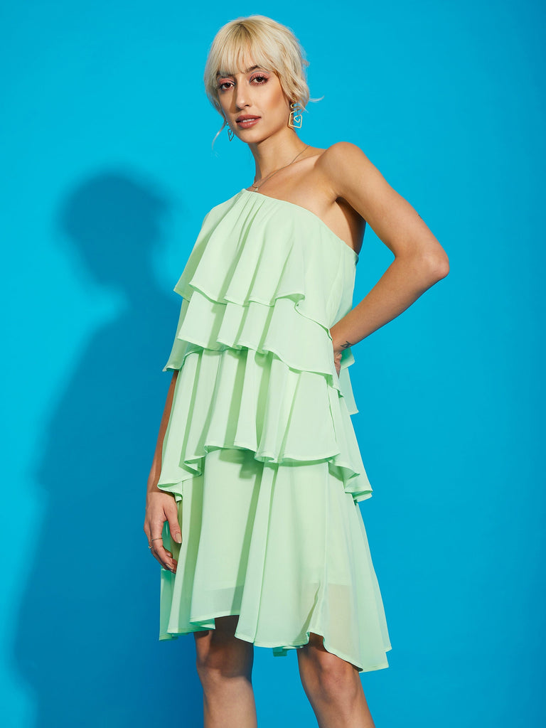 Women's Pista Green One Shoulder Layered Short Dress