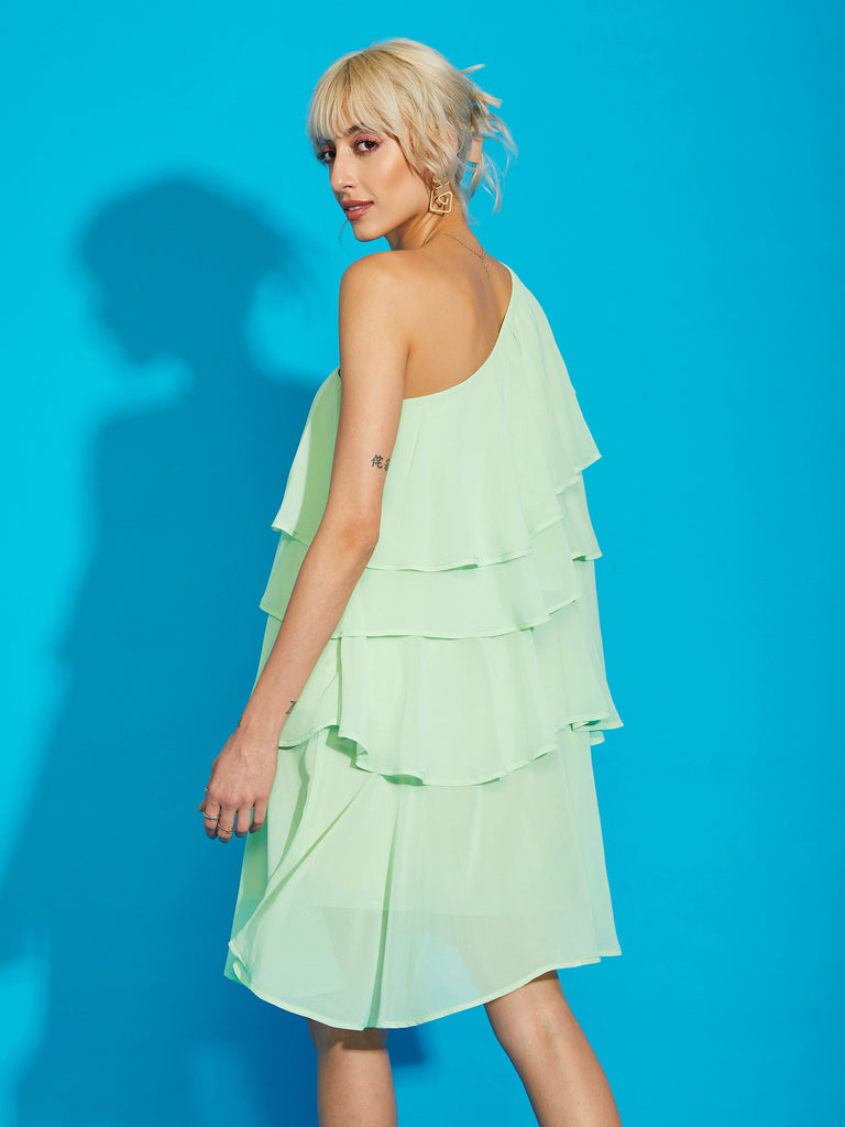 Women's Pista Green One Shoulder Layered Short Dress