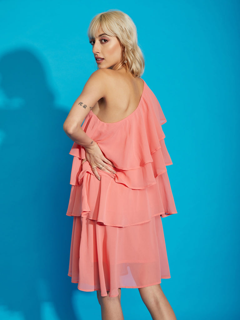 Women's Pink One Shoulder Layered Short Dress