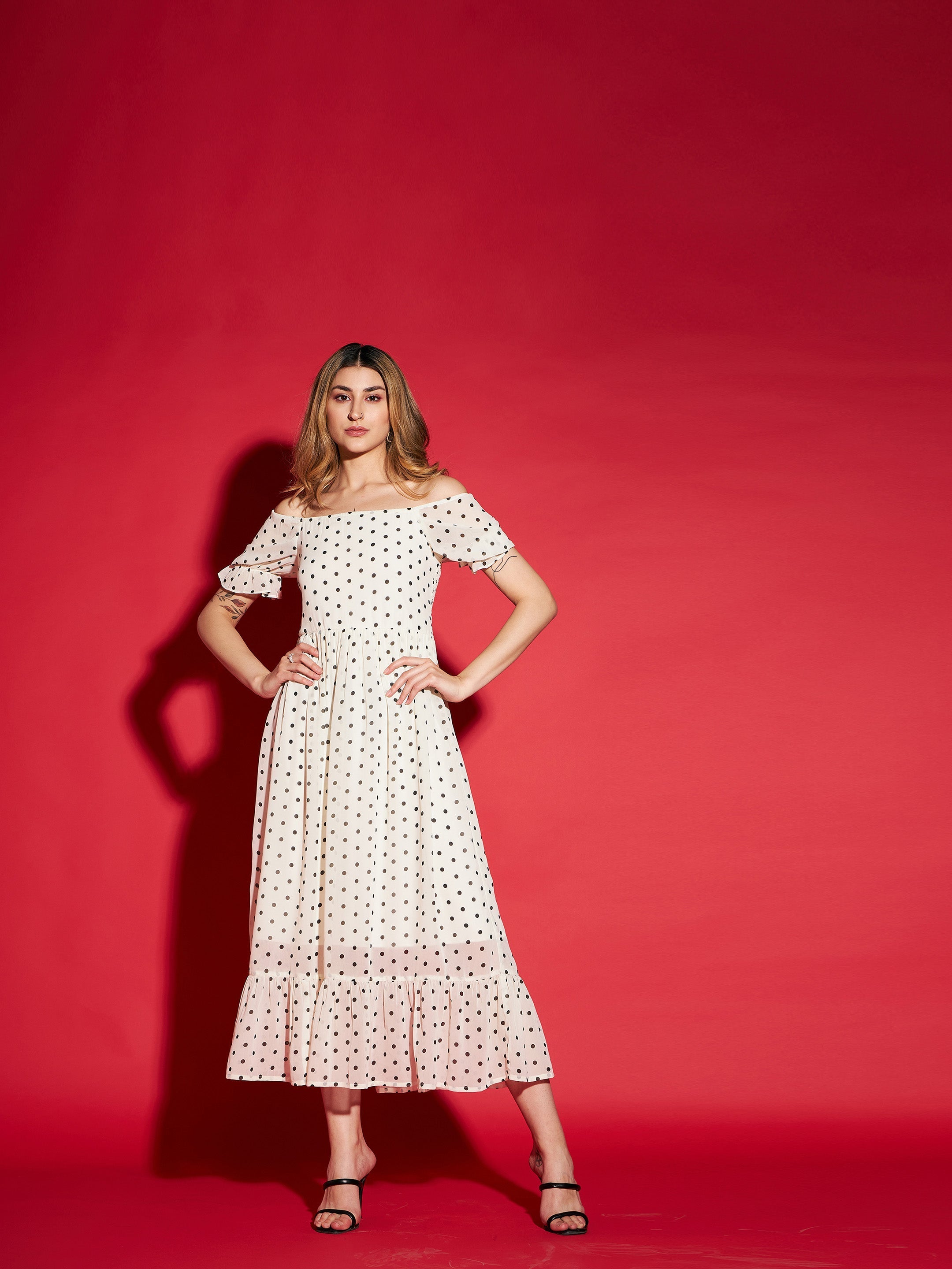 Women's White Polka Dot Printed Frill Hem Maxi Dress - SASSAFRAS
