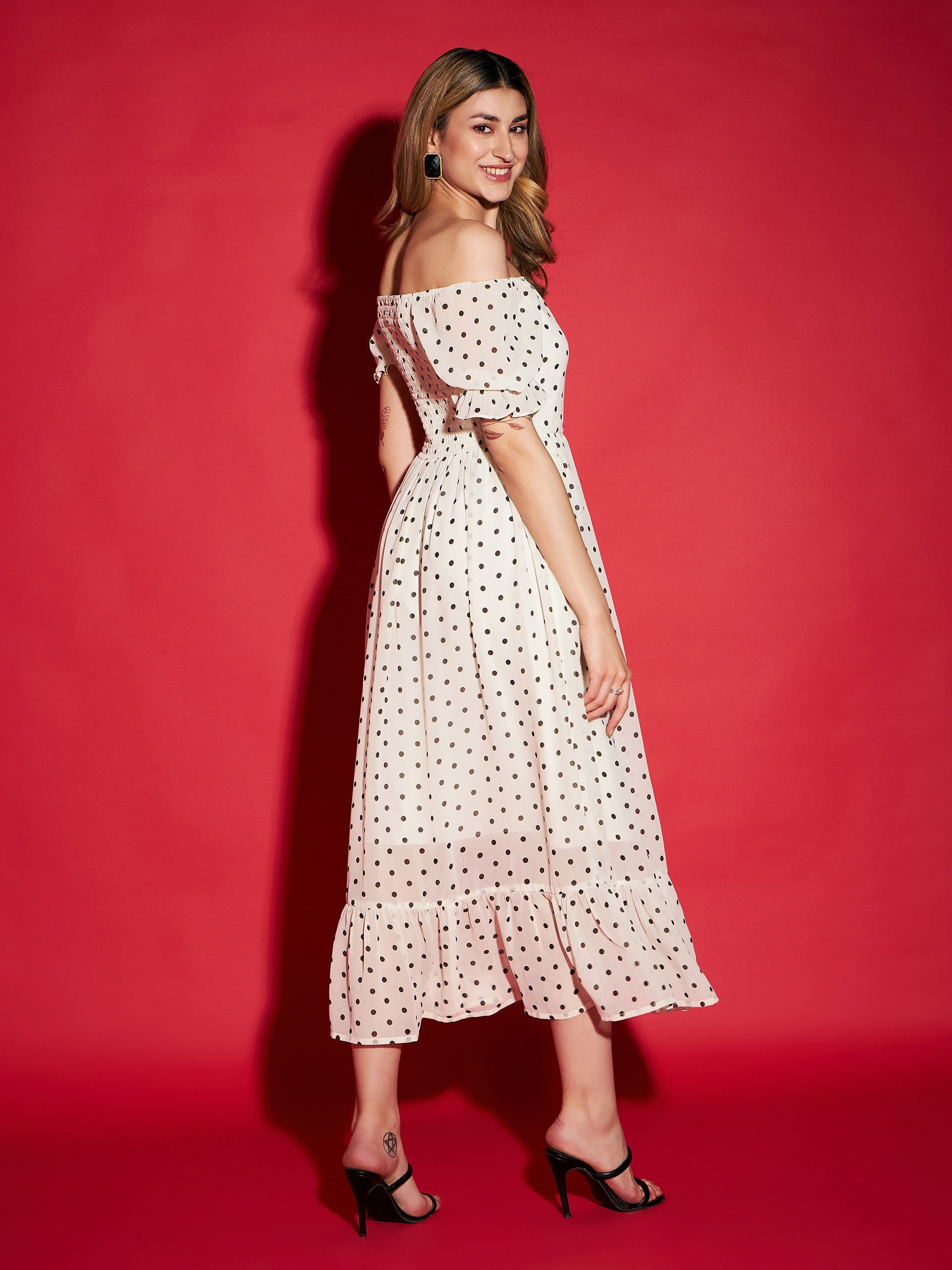 Women's White Polka Dot Printed Frill Hem Maxi Dress - SASSAFRAS
