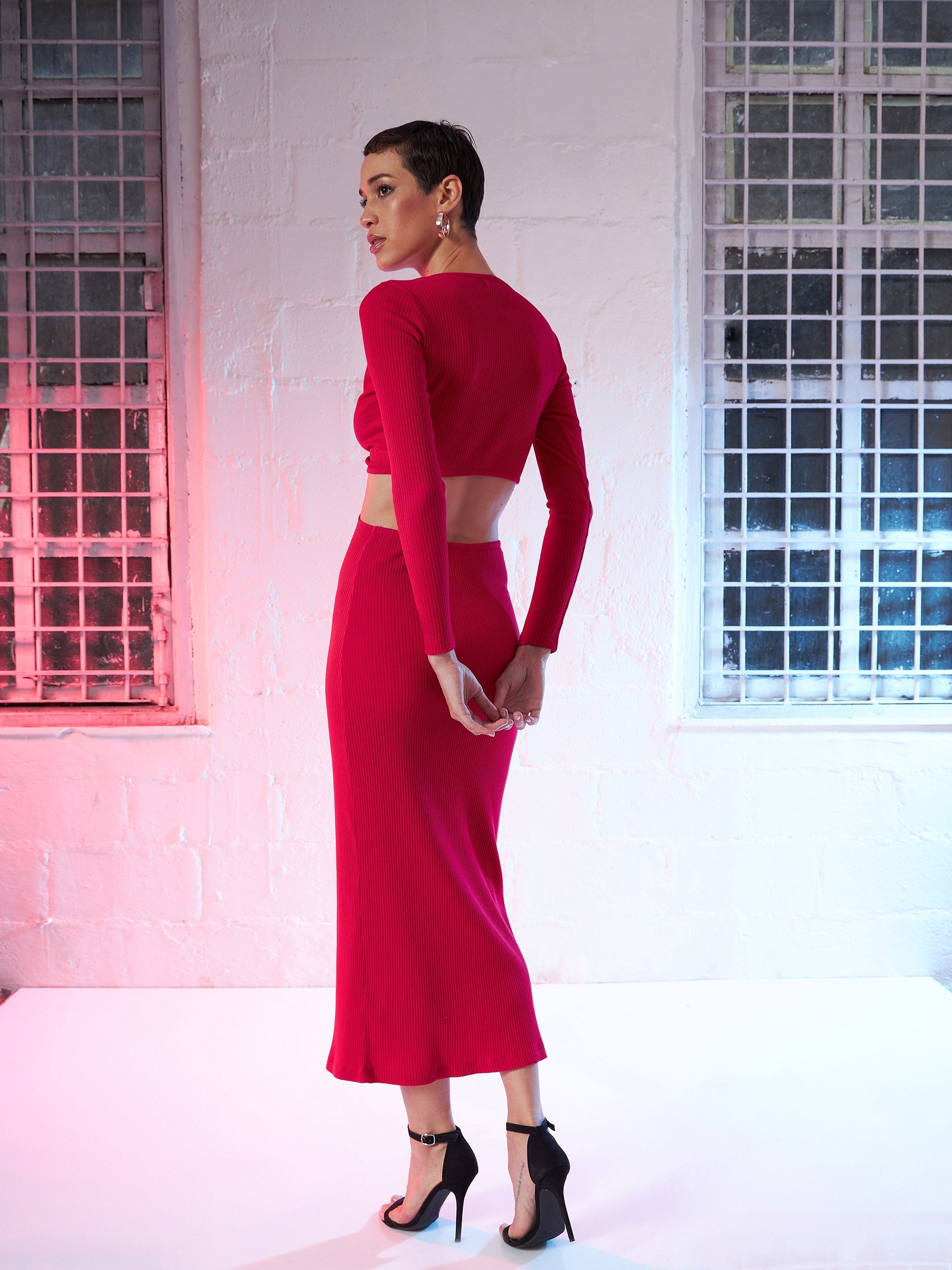 Women's Pink Rib Waist Cut Out Maxi Dress - Lyush